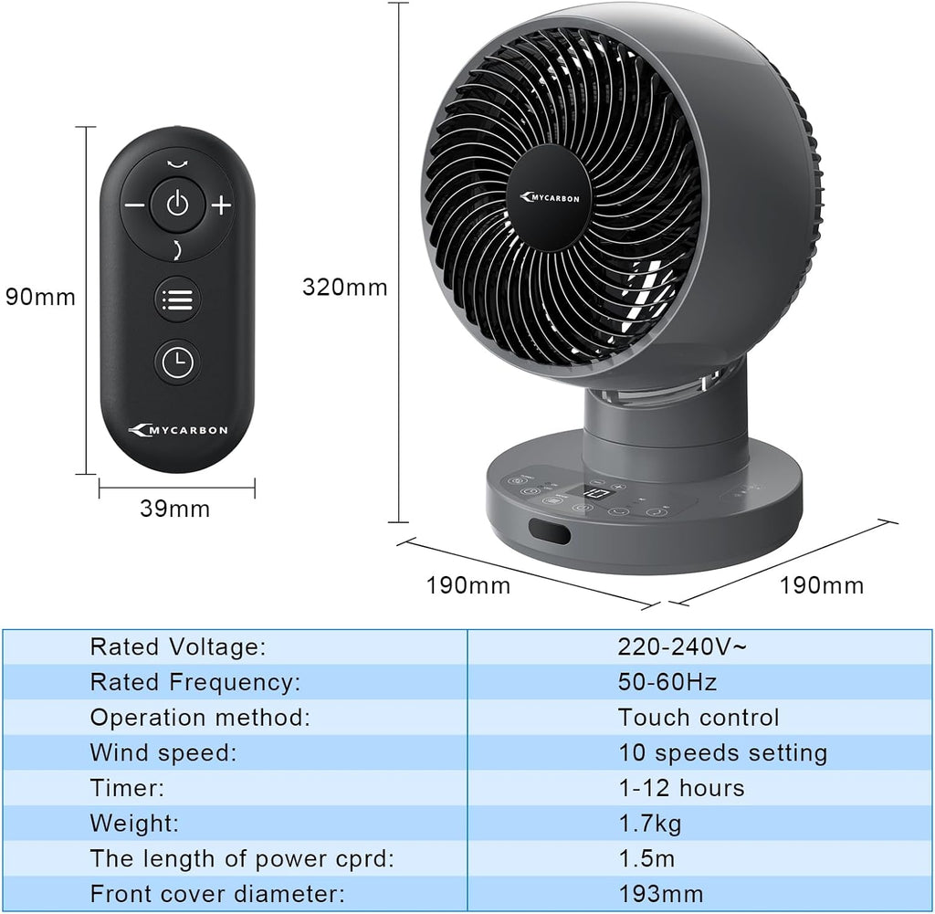 MYCARBON Silent Turbo Table Ventilator 20dB, DC Powerful Engine, 30 ° -60 ° -90 ° Oscillation, 11 Velocities, 12h Timer and Programmed Switch, with Remote Control