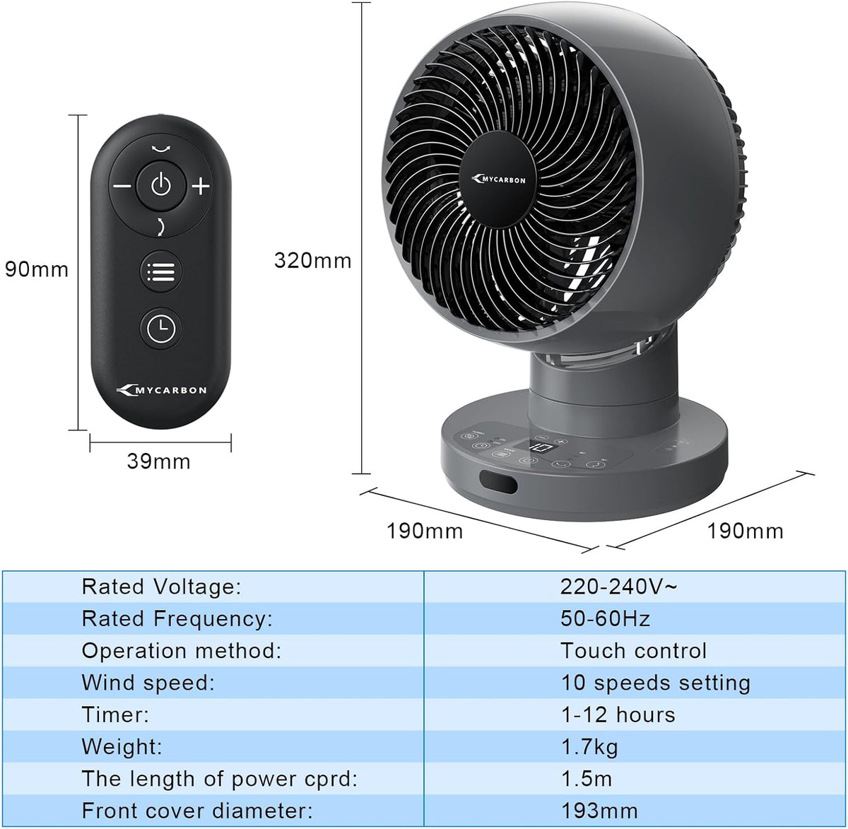 MYCARBON Silent Turbo Table Ventilator 20dB, DC Powerful Engine, 30 ° -60 ° -90 ° Oscillation, 11 Velocities, 12h Timer and Programmed Switch, with Remote Control