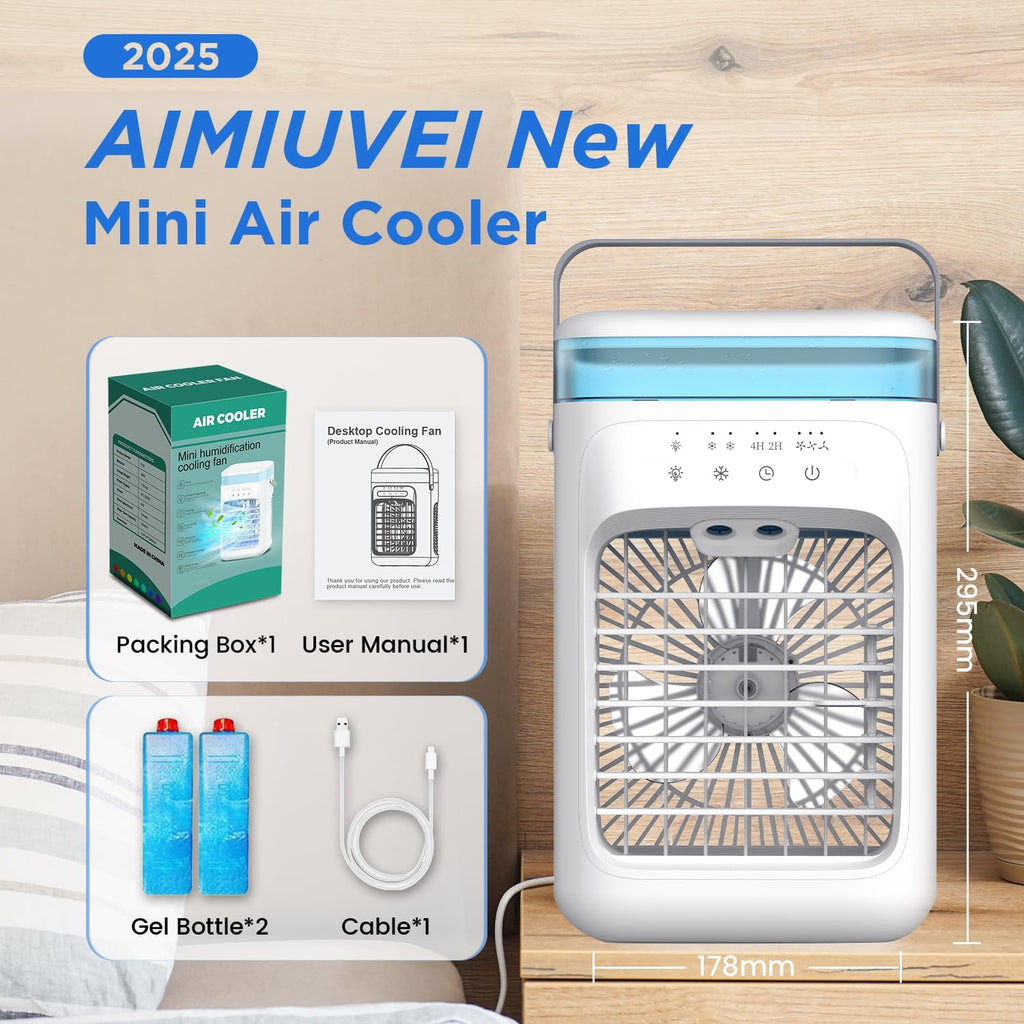 AIMIUVEI Mini Air Conditioning Portable, Air Friator 5 in 1, Fan with 1000 ml tank, 3 Velocities, 2 Nebulization modes, 2-4 hour timer, Refrigerator with 7 LED lights for Bedroom and Office