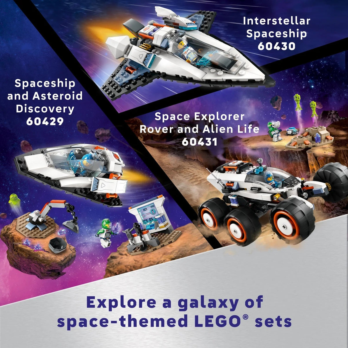 Set of Construction LEGO City Space Ship and Asteroid Discovery, Gift for 4-year-old children in advance who love the Imagination Game, includes 2 Minifigures of Space Crew, Alien, Crystals and Crane, 60429