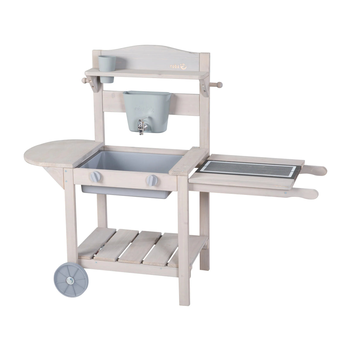 Play and mud mobile kitchen with BBQ for children - FSC certified wood - Engraving grey finish