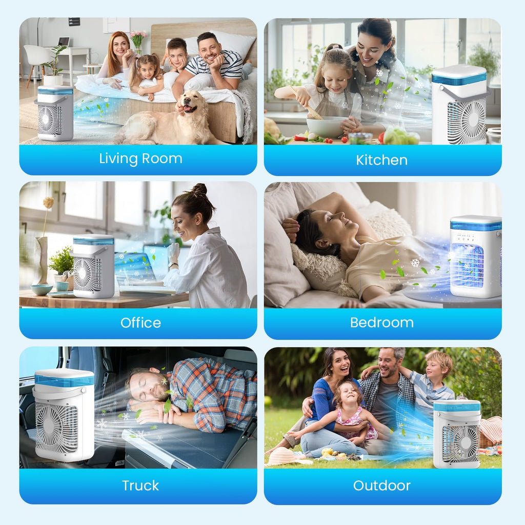 AIMIUVEI Mini Air Conditioning Portable, Air Friator 5 in 1, Fan with 1000 ml tank, 3 Velocities, 2 Nebulization modes, 2-4 hour timer, Refrigerator with 7 LED lights for Bedroom and Office