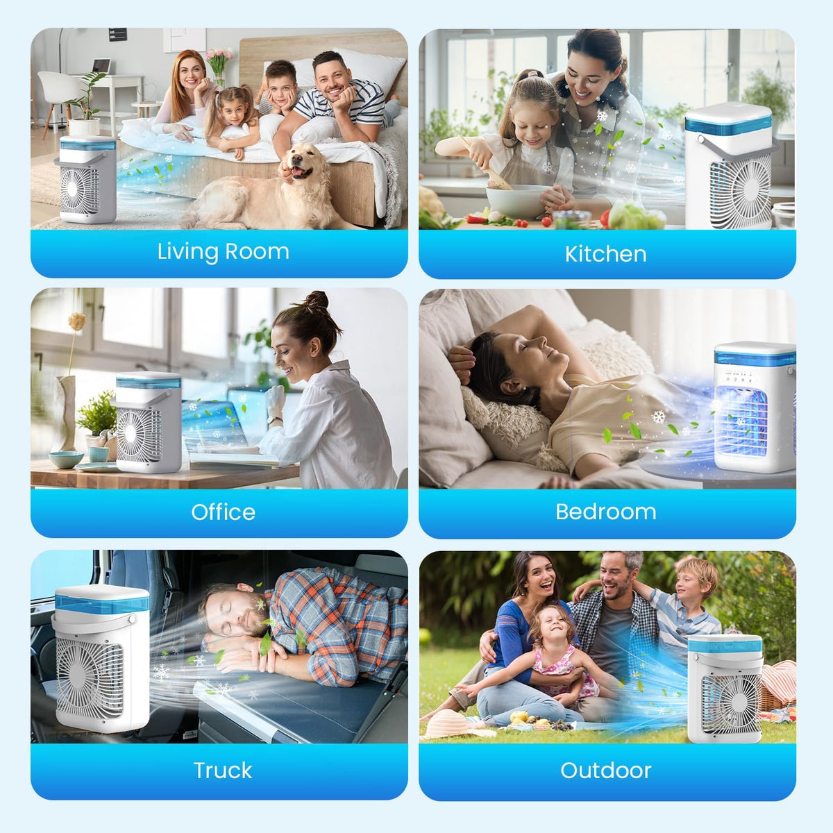 AIMIUVEI Mini Air Conditioning Portable, Air Friator 5 in 1, Fan with 1000 ml tank, 3 Velocities, 2 Nebulization modes, 2-4 hour timer, Refrigerator with 7 LED lights for Bedroom and Office