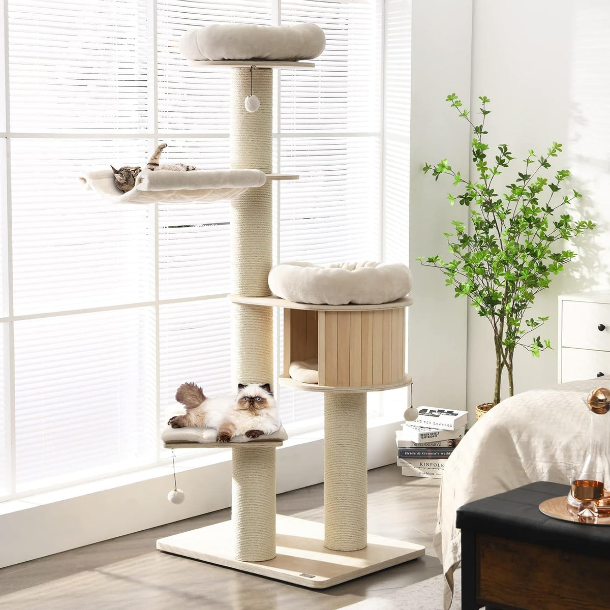 Large Cats Tree, Multiple Levels Tower with Sisal Poste, Hammock, Pendant Basket and Removable and Washable Carpets, Perfect for Big Cats