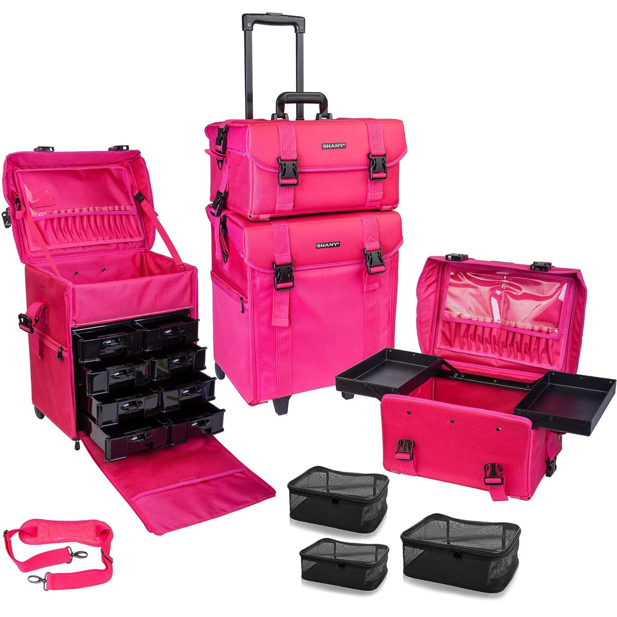 Azabache Black Vinyl Cosmetic Case with Wheels - Make-up Travel Bag