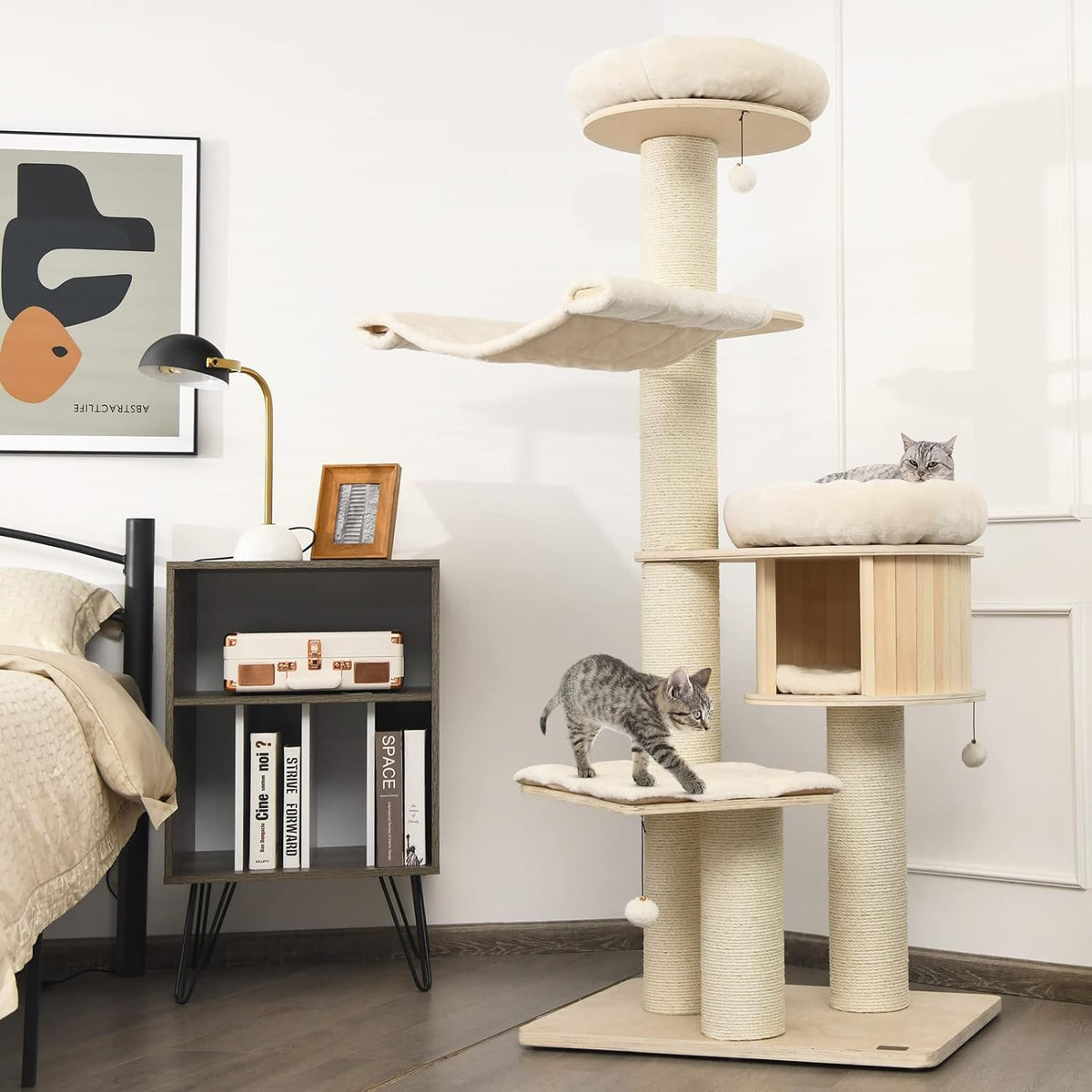 Large Cats Tree, Multiple Levels Tower with Sisal Poste, Hammock, Pendant Basket and Removable and Washable Carpets, Perfect for Big Cats