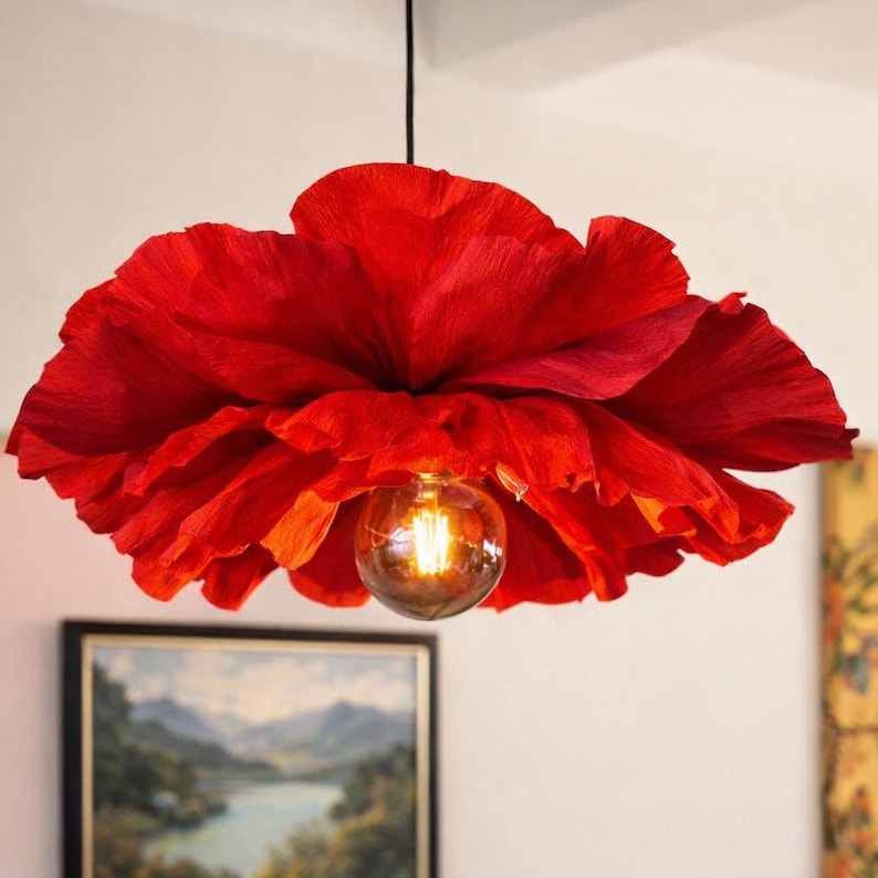 Screen of paper lamp crepe red poppy, ceiling lamp floral pendant