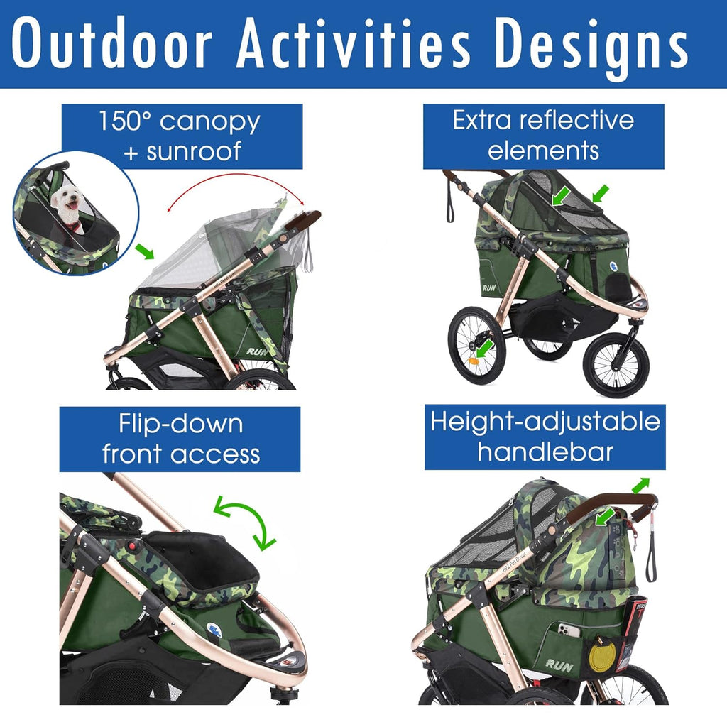 Sportive Car to Run with Confort Rubber Wheels / Quick Pledge with One Hand / Aluminium Structure for Dogs, Cats and Small or Medium Pets (Green Camouflage)