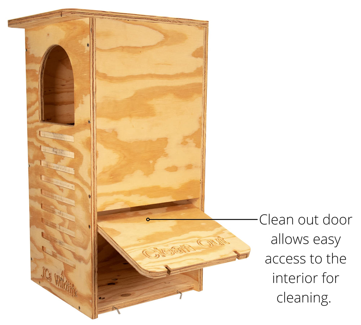 Nido box for JCs Wildlife Barred Owl - Trated plywood for outdoor - Mounting hardware and pine chips included - Special door for easy cleaning - Made in the United States.