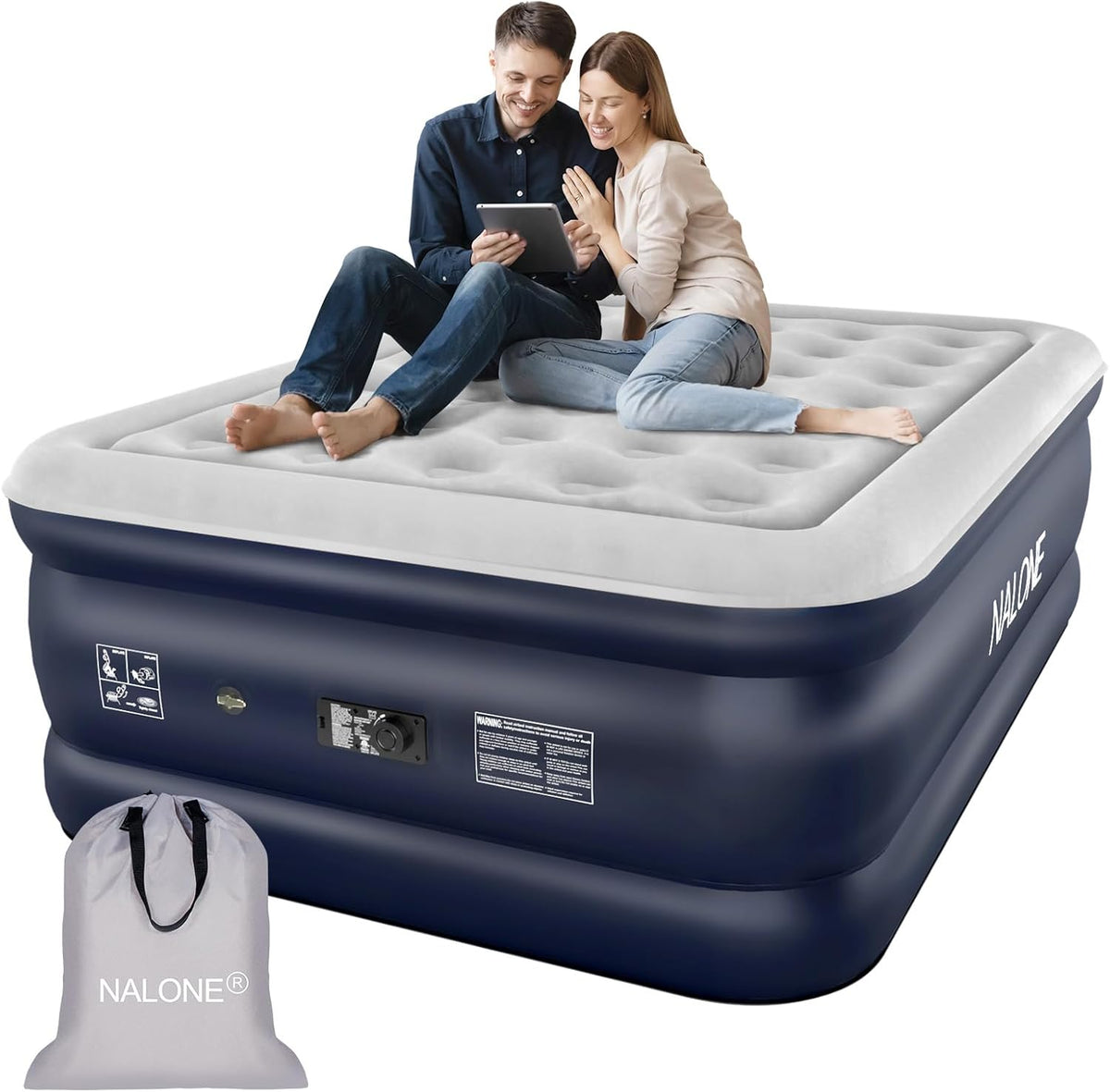 Inflable NALONE, Inflable bed with Inflable Pump, Inflated in Only 3 Minutes, for Guest or Home Use, 203 x 152 x 46 cm, Maximum weight 310 kg, Double bed