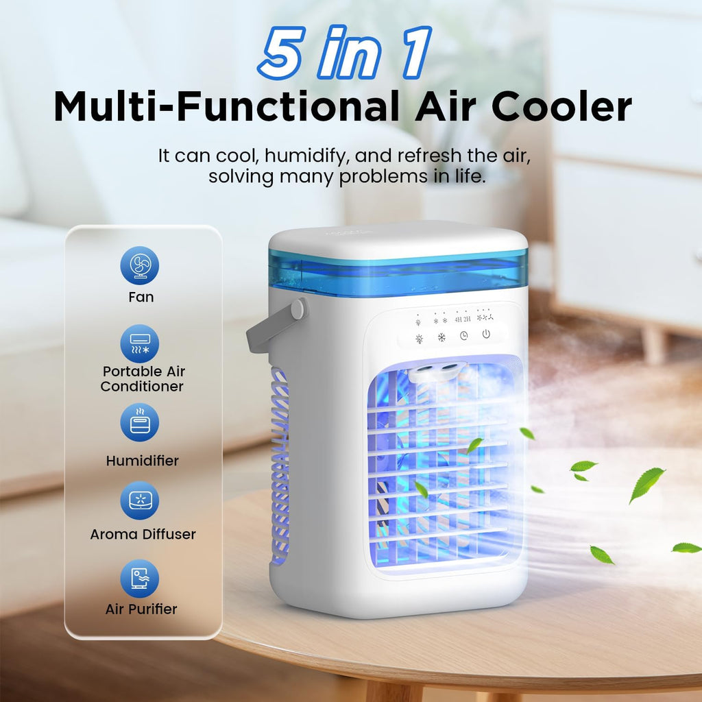 Mini Portable Air Conditioning with 1000 ml Tank, Air Friator 5 in 1 Silent, 3 Velocities / 2 Pulverization modes / Humidification / 7 LED lights / 2-4H timer, Home and Office Fan