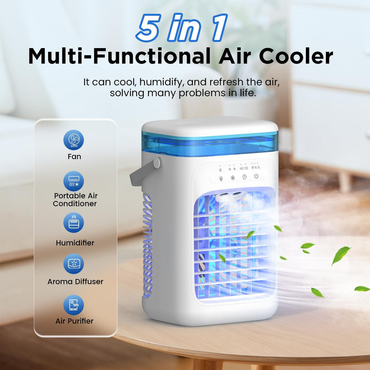 Mini Portable Air Conditioning with 1000 ml Tank, Air Friator 5 in 1 Silent, 3 Velocities / 2 Pulverization modes / Humidification / 7 LED lights / 2-4H timer, Home and Office Fan