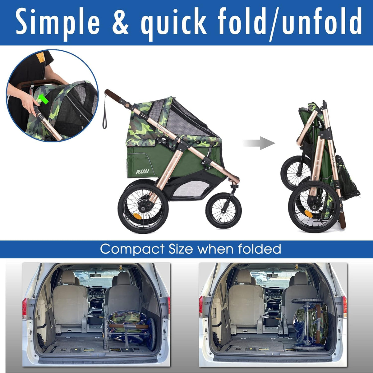 Sportive Car to Run with Confort Rubber Wheels / Quick Pledge with One Hand / Aluminium Structure for Dogs, Cats and Small or Medium Pets (Green Camouflage)