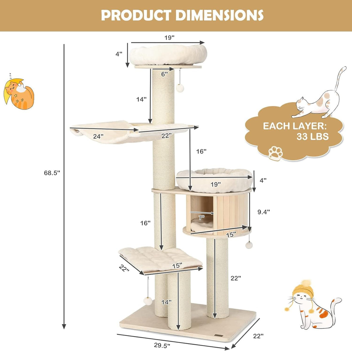 Large Cats Tree, Multiple Levels Tower with Sisal Poste, Hammock, Pendant Basket and Removable and Washable Carpets, Perfect for Big Cats