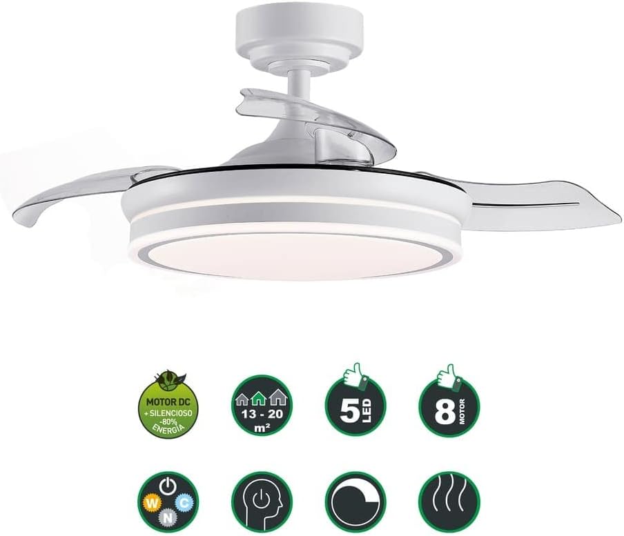 wonderlamp - LED Pearl Mini LED Light Fan, Retractable Asps, Very Silent DC Motor, 3 Adjustable Color Temperatures, 46W, White