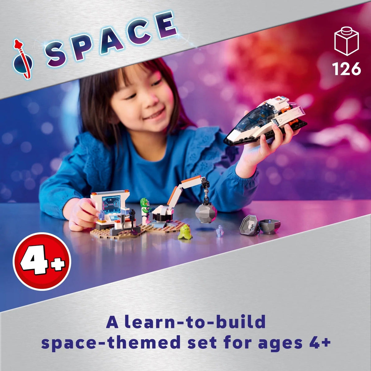 Set of Construction LEGO City Space Ship and Asteroid Discovery, Gift for 4-year-old children in advance who love the Imagination Game, includes 2 Minifigures of Space Crew, Alien, Crystals and Crane, 60429