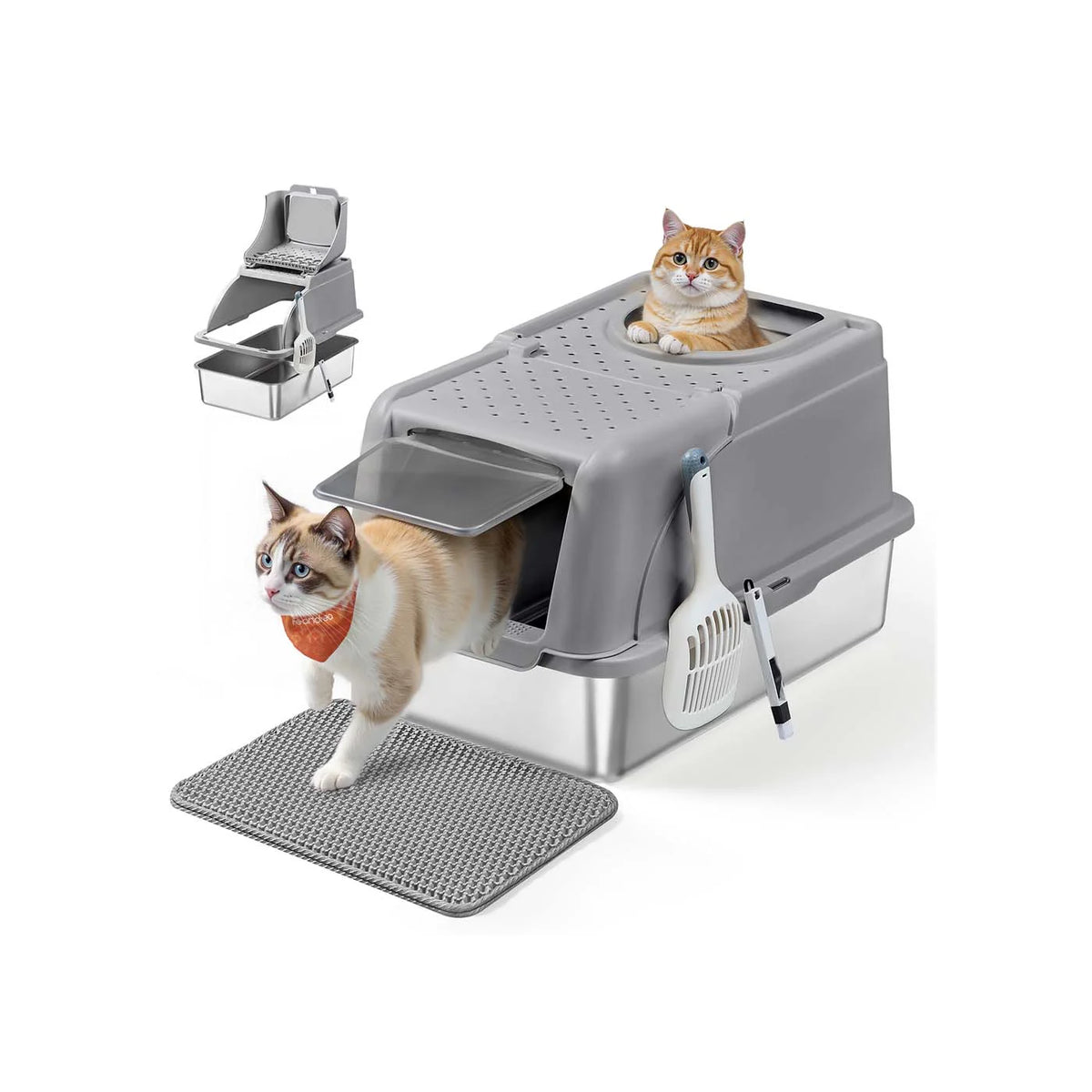 Sand case for cats of stainless steel with folding cap