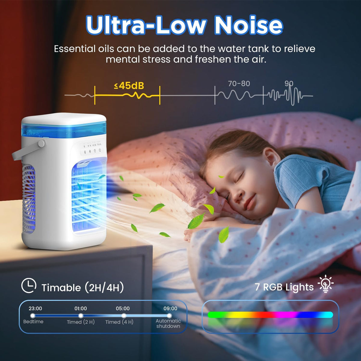 Mini Portable Air Conditioning with 1000 ml Tank, Air Friator 5 in 1 Silent, 3 Velocities / 2 Pulverization modes / Humidification / 7 LED lights / 2-4H timer, Home and Office Fan