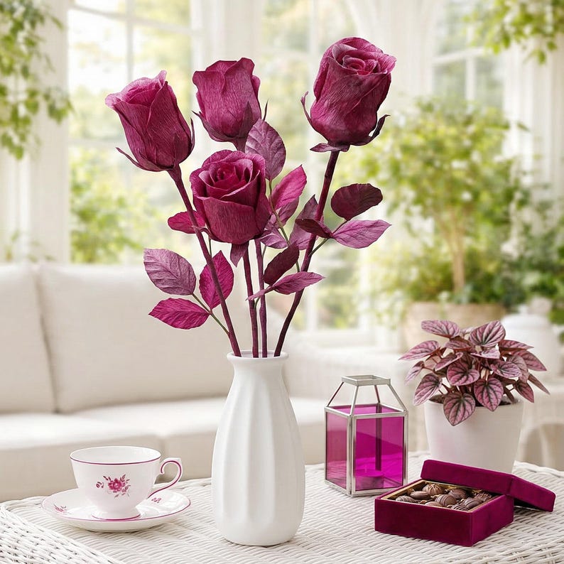 Crepe paper flowers, roses, bouquet, home decoration