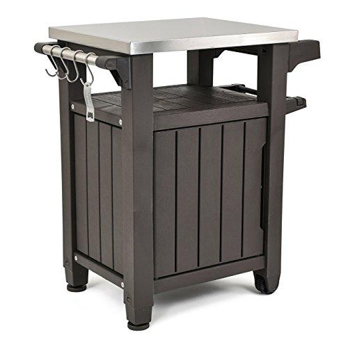 Keter Unity Portable Portable for Outdoor and Storage Cabinet with Grill Accessories - Stainless Steel Surface for Kitchen Island or Bar Carro in Patio, Espresso Brown